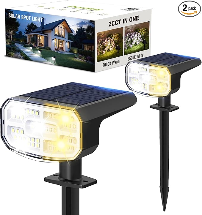 DAMINY Solar Spotlights Outdoor Waterproof IP65,2 CCT(Warm White & Cool White),4 Lighting Modes Solar spot Lights for Yard,Garden,Pathway,Landscape,Auto On/Off-2 Pack