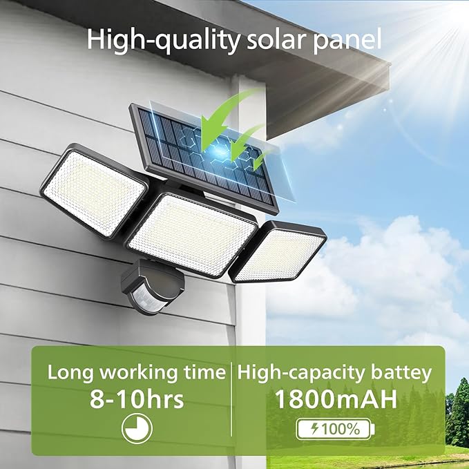 Philips Solar Security Light Outdoor 302 LED 1200lm，Solar-Powered Waterproof Wall-Mounted Flood Light w/PIR Motion Sensor, 3 Heads, IP65 Waterproof, 3 Modes 6 Packs