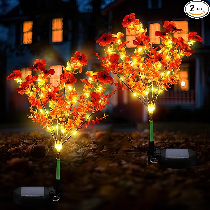 2 Pack Solar Stake Lights Outdoor Decor Waterproof Mums Artificial Flowers Solar Lights for Outdoor Garden Yard Pathway Decor (Orange,Violet)