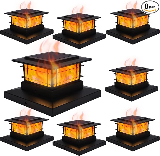 Dynaming 8 Pack Solar Post Cap Lights Outdoor with Flickering Flame Light, Fence Post Solar Lights Fit for 4x4 5x5 6x6 Vinyl/Wooden Posts, High Brightness SMD LED Lighting Decor for Garden Deck Patio