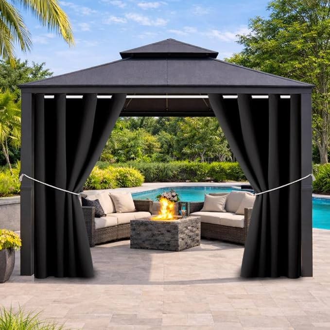 Outdoor Indoor Curtains W52 x L108 for Patio Weather-resistant Window Panels Privacy Protect Grommet Top Thermal Insulated Home Curtain for Porch Lawn Garden Hot Tub Area (Black, 2 Panels)