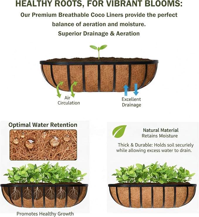 36“ Window Box Railing Planter with Coco Liner Metal Wall-Mounted Coconut Liner Planter Basket English Horse Trough Planters for Outdoor Deck Balcony Porch Fence Patio Black (2 Pack)