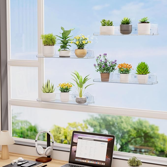 Lifewit Window Plant Floating Shelves 14.6x3.6, 4 Pack Acrylic Suction Cup Shelf, Window Sill Extender for Indoor Succulent Plants, Micro Greens, Seed Starter Pots, Herb Planters 37 x 9 cm/14.6x3.6