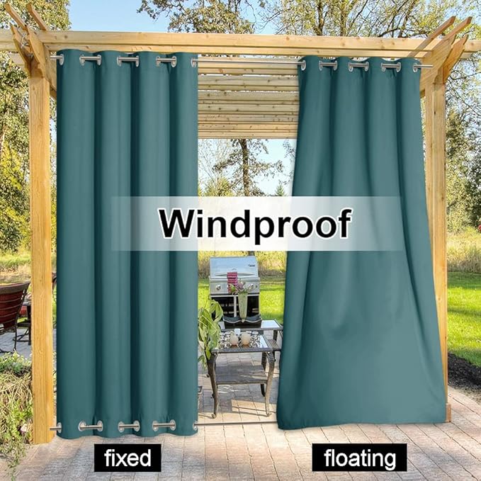 NICETOWN 2 Panels Windproof Outdoor Curtains Top and Bottom Grommet for Patio Waterproof, Fixed Outdoor Blinds Keep Warm & Privacy Thermal Insulated Blackout Drapes for Cabana, W52 x L84, Teal
