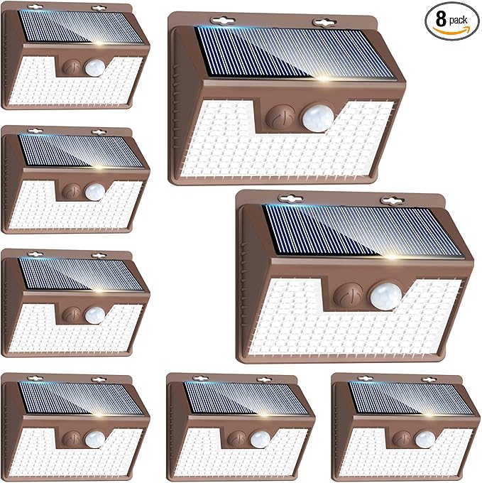 Peasur Brown Solar Lights Outdoor Motion Sensor 8 Pack, Ultra-Bright 3 Mode 140LED Fence Security Light Waterproof, Solar Wall Lighting for Patio Yard Step House Outside Cool White