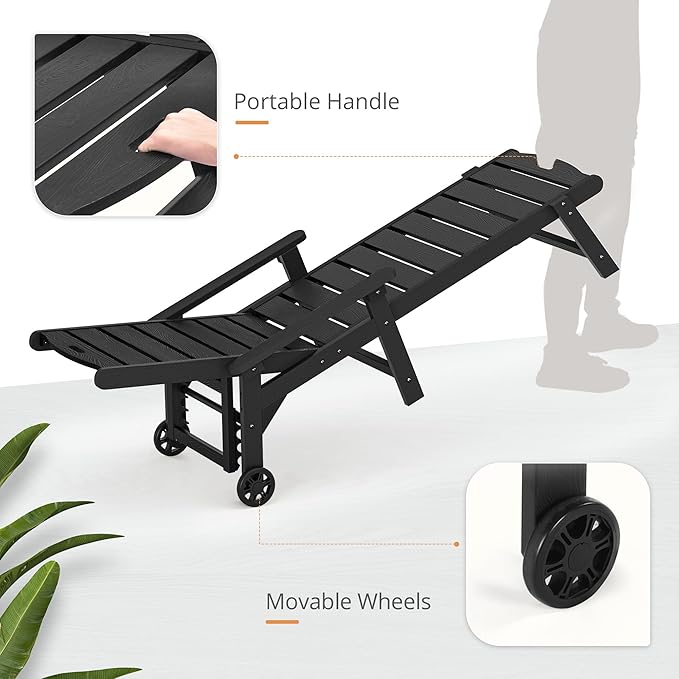 LUE BONA Outdoor Chaise Lounge Chairs Set of 2, HDPS Lounge Chair, 5 Positions Adjustable Pool Lounge Chairs, Patio Furniture Sets with Wheels for Poolside, Hotel, Restaurant, 3 Year Warranty, Black
