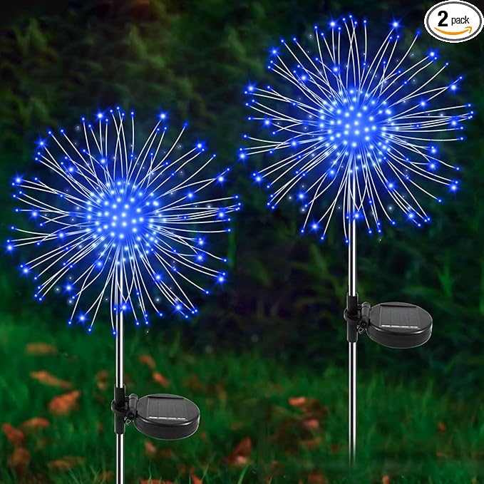 Solar Garden Lights Outdoor, 2 Pack 120 LED Twinkling Firework Lights Decorative with 2 Modes, Outdoor Waterproof Solar Starburst Light for Outside Yard Pathway Garden Decor, Blue