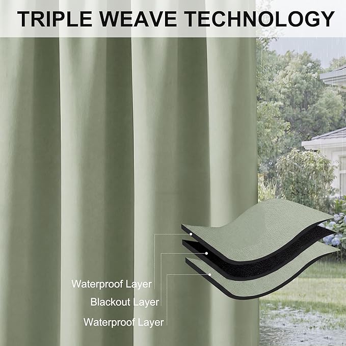 RYB HOME Extra Wide Outdoor Curtains for Patio Waterproof Heavy Duty Thermal Insulated in Summer Full Coverage Privacy for Gazebo, Cabana & Pergola, W100 x L90, Sage Green, 1 Panel