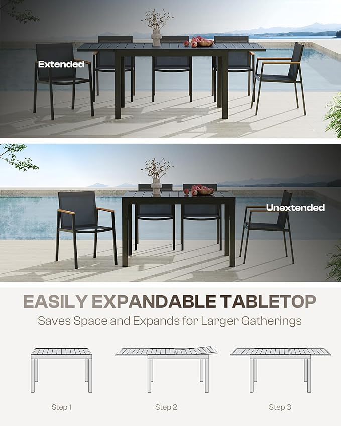 Outdoor Aluminum Patio Dining Table Set for 6-8 Person, Expandable Outdoor Table and 6 Chairs with Textilene Fabric & HDPS Armrest, All-Weather Patio Furniture Set for Yard, Garden, Gray