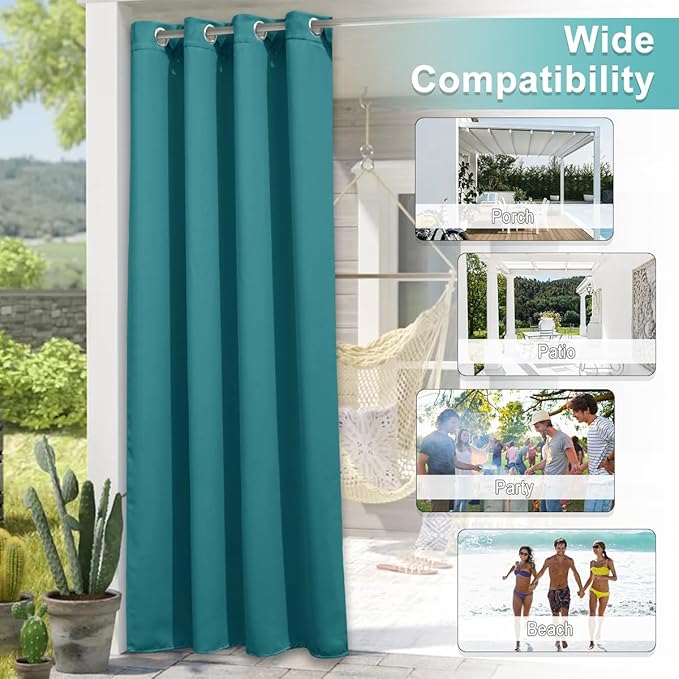 NICETOWN Outdoor Curtainch for Patio Waterproof 84 inch Wide, Thermal Insulated Rustproof Grommet UV Blocking Cabana Curtainch & Drape, Privacy Safe Shade for Gazebo, Peacock Teal, 1 PC, 95-Inch Long