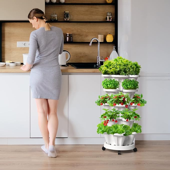 Strawberry Vertical Planter 2 Pack, 7 Tiered Stacking Garden Tower, Stackable Herb Vegetable Planters with Support Pole Indoor Outdoor Black