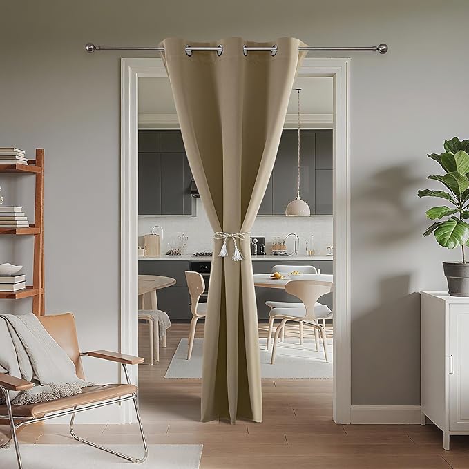 Joydeco Blackout Door Curtain for Doorway Privacy 84 Inches Long, Grommet Closet Curtain for Open Closet, Room Divider for Bedroom Living Room (Light Beige, 52Wx84L, 1 Panel)