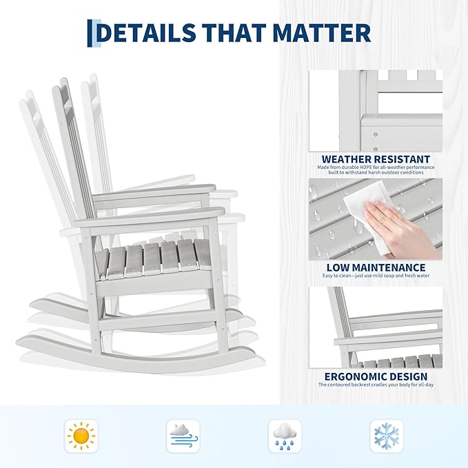 HDPE Rocking Chair Outdoor- Poly High Back Porch Rocker Chairs for Adults - All Weather Resistant Furniture for Patio Front Porch - White