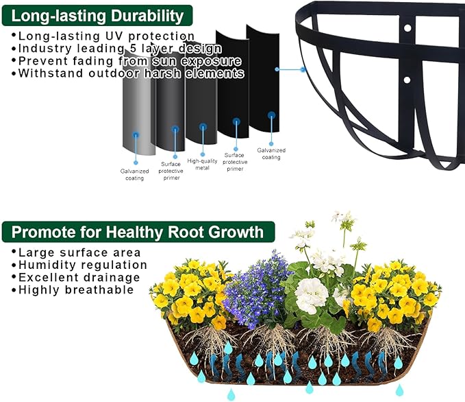 30'' Window Box Railing Planter with Coco Liner,2 Pack Horse Trough Planters Black Metal Hanging Flower Planters Basket for Porch Fence Patio Indoor Outdoor Lawn