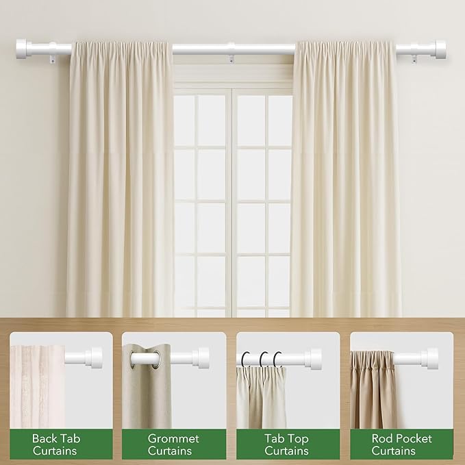 Curtain Rods for Windows 66 to 120, 1 Inch Adjustable White Extra Long Heavy Duty Curtain Rod, Modern Style Indoor Outdoor Window Drapery Rods with End Caps, Size 32" - 120"