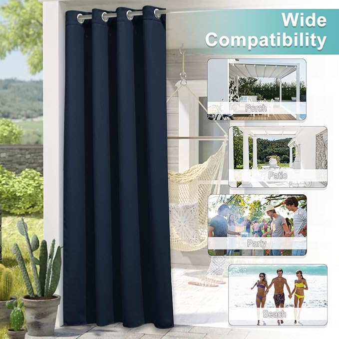 NICETOWN Navy Blue Outdoor Curtain for Patio Waterproof, Living Room Darkening Sunlight Blocking & Thermal Insulated Vertical Drapes for Front Porch & Canvas, 1 Panel, W52 x L84
