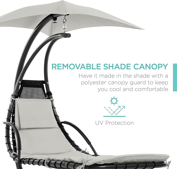 Best Choice Products Outdoor Hanging Curved Steel Chaise Lounge Chair Swing w/Built-in Pillow and Removable Canopy - White Sand
