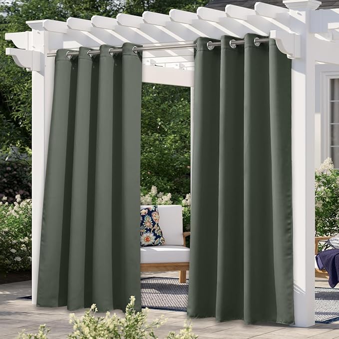 NICETOWN 2 Panels Greyish Green Outdoor Curtains for Patio Waterproof 95 inches Long, Thermal Light Blocking Rustproof Grommet Outdoor Indoor Window Treatments for Porch, W52 x L95