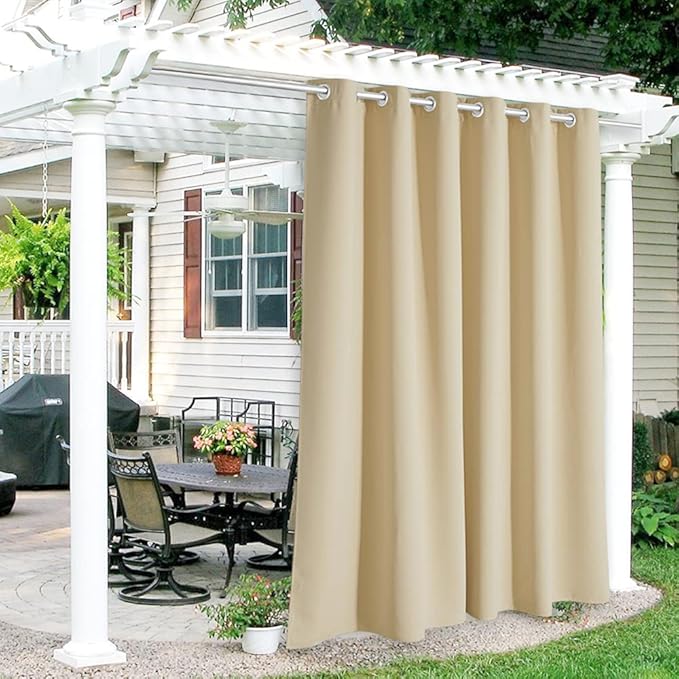 RYB HOME Outdoor Curtains for Patio Waterproof Block Sunlight Thermal Insulated Privacy Assured Thick Outside Curtains for Porch, Gazebo, Pergola, W84" x L95", Biscotti Beige, 1 Panel