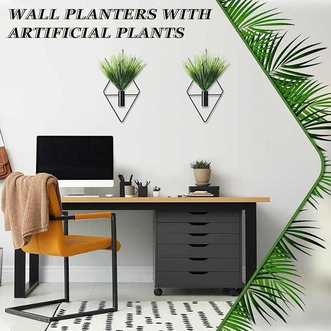 4 Pcs Wall Decor Hanging Planters with Artificial Plants Metal Hanging Vase Indoor Plants Holder Modern Boho Wall Art for Bathroom Bedroom Living Room Decor(Black,Aquatic Plant)