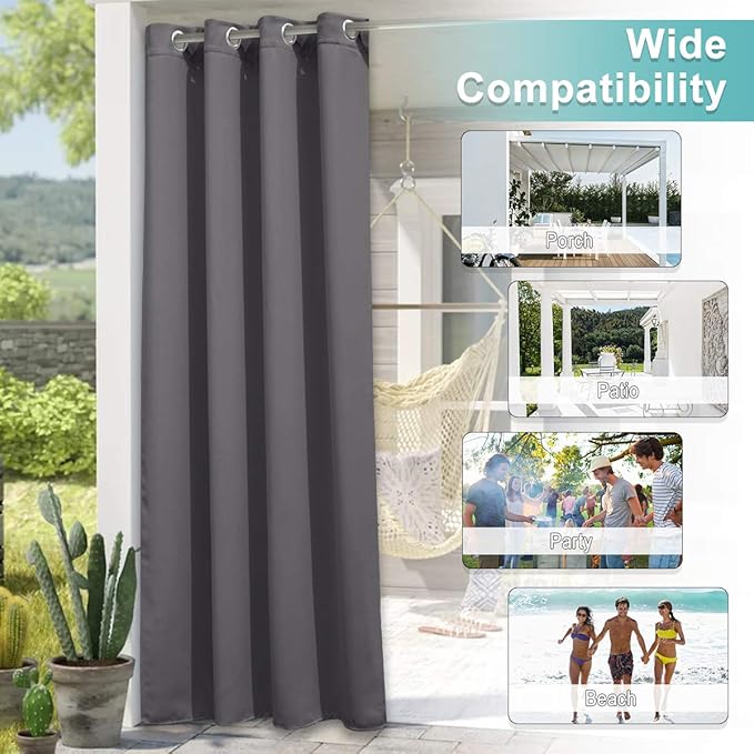NICETOWN 2 Panels Extra Wide Outdoor Curtains for Patio Waterproof W84 x L84, Rustproof Grommet Weighted Blackout Indoor Outdoor Drapes Sound Reducing Privacy for Gazebo/Pergola, Grey