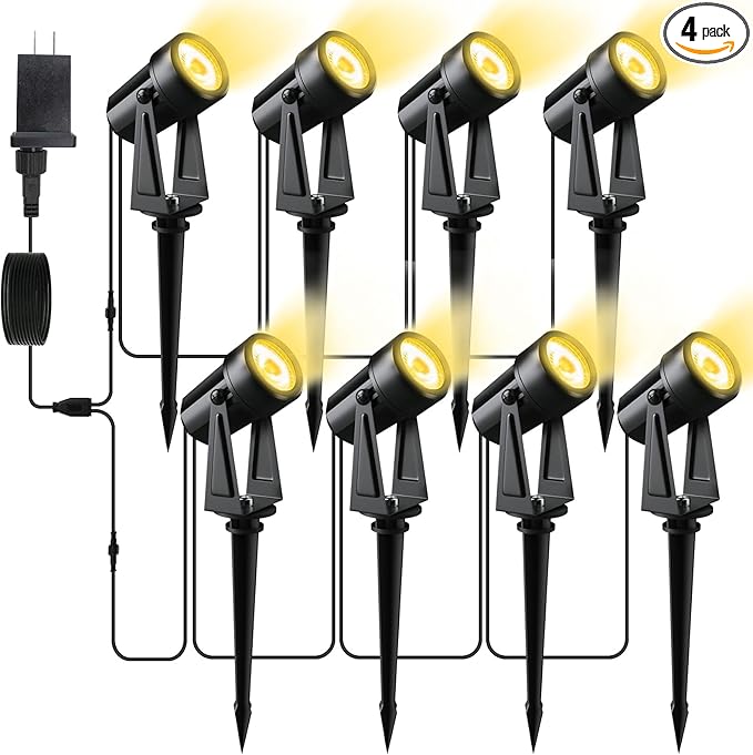 Low Voltage Landscape Lighting,8 Pack Outdoor LED Landscape Spotlights with Transformer 27V Garden Lights Pathway Lights IP65 Waterproof 3000K Warm White