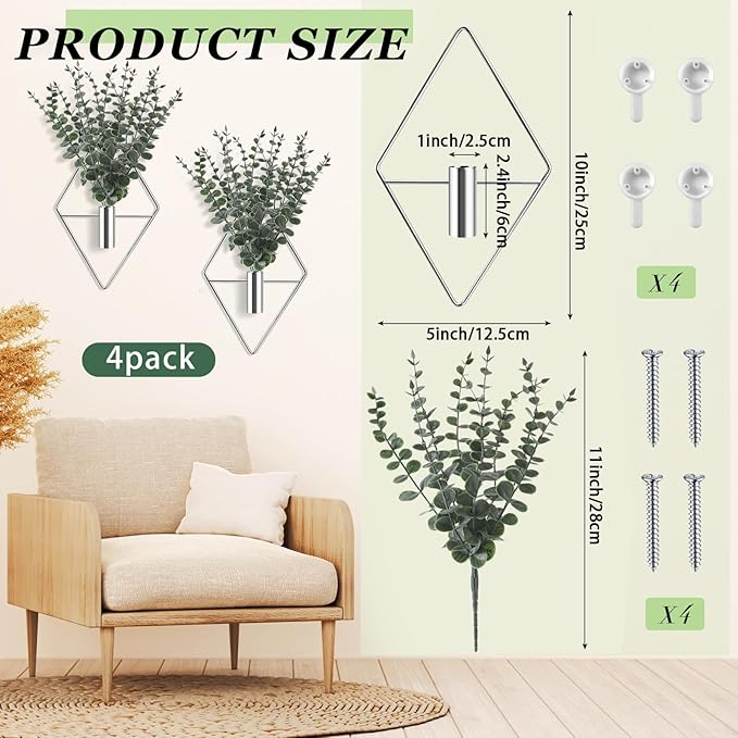 Jexine 4 Pcs Hanging Planters with Artificial Eucalyptus Metal Hanging Vase Indoor Plants Holder Modern Geometric Boho Bathroom Wall Decor for Living Room Home Office (Eucalyptus,Silver)