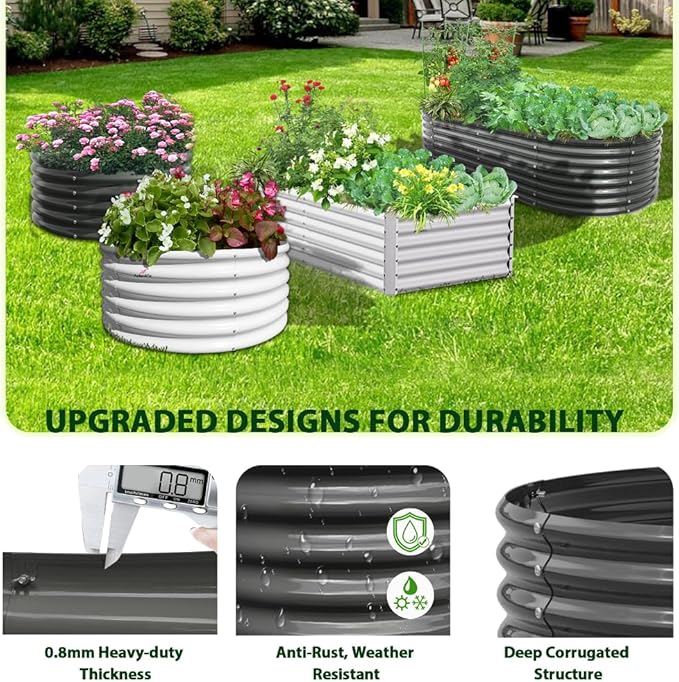 A ANLEOLIFE 2-Set 8X4X2 ft Galvanized Raised Garden Bed Kit, Oval Metal Deep Root Planters for Outdoor Plants, Quartz Grey