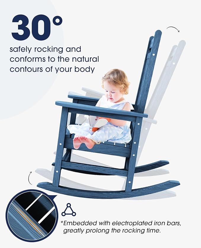KINGYES Oversized Outdoor Rocking Chair Set of 2, All-Weather Patio Rocking Chairs for Porch, HDPE Outdoor Patio Rockers with High Back & Wide Seat for Garden, Lawn, Blue