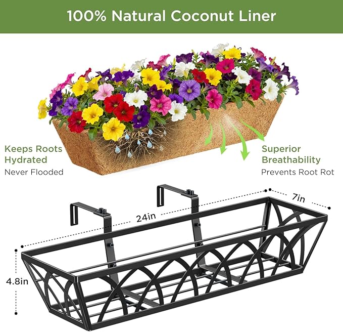 Y&M 24 Inch Window Deck with Coco Liner, Fence Metal Hanging Flower Planter Window Basket Deck Railing Planter Boxes for Outdoor Garden Lawn, 24" Window Boxes Horse Trough with Coconut Coir Liner,4pcs
