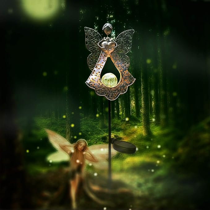 KAIXOXIN LEDs Solar Stake Lights for Garden Metal Warm White, Memorial Gift - Perfect as Remembrance & Sympathy Gifts (Angel-Bronze) (Angel)