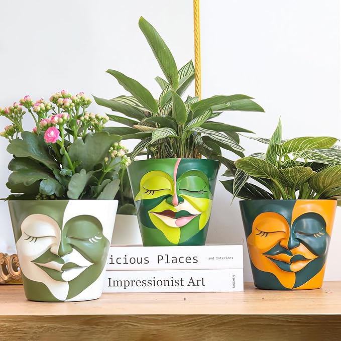 GUGUGO 8 Inch Abstract Rainbow Head Planter, Unique Face Plant Pot with Drainage, Cute Eclectic Flower Planters Pots for Indoor Outdoor Plants, Colorful Funny Room Decor Aesthetic, Coral Red & Indigo