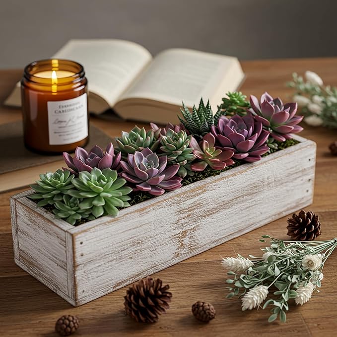 Dandat 4 Set Wood Boxes for Centerpieces 12x4 Inch Rectangle Wooden Planter Box Rustic Wooden Planters with Removable Plastic Liner Floral Foam Blocks for Christmas Wedding Home Garden Decor(White)