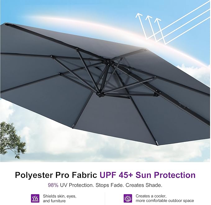 PURPLE LEAF 11 Feet Patio Umbrella Outdoor Cantilever Round Umbrella Aluminum Offset Umbrella with 360-degree Rotation for Garden Deck Pool Patio Light Grey