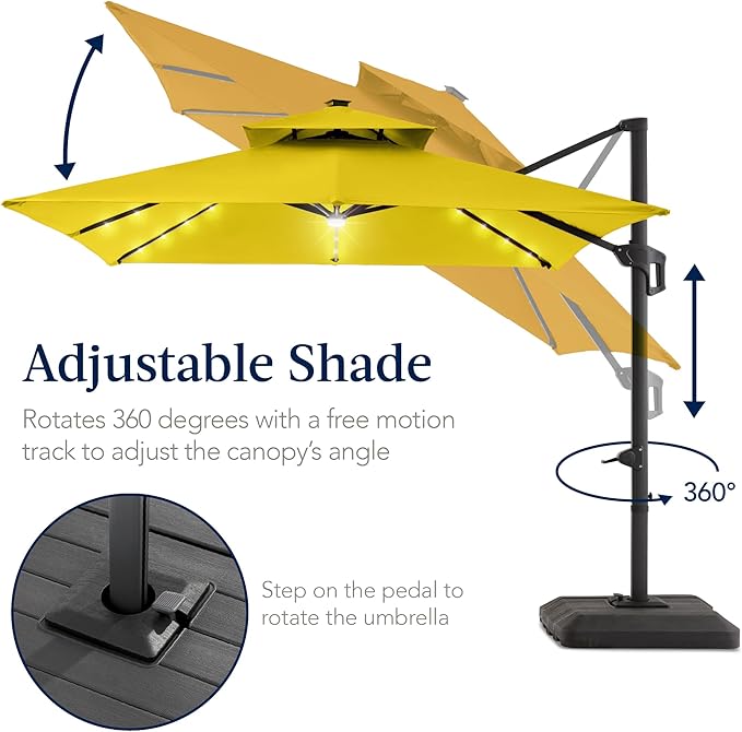 Best Choice Products 9x12ft LED Cantilever Patio Umbrella w/Base Included & 360° Rotation, Large Solar Offset Hanging Outdoor Sun Shade for Deck, Backyard Table w/Stand & Lights – Yellow