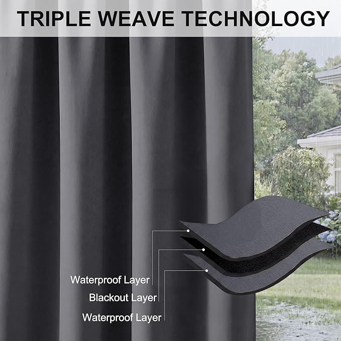 RYB HOME Extra Wide Outdoor Curtains for Patio Waterproof Heavy Duty Thermal Insulated in Summer Full Coverage Privacy for Gazebo, Cabana & Pergola, W100" x L120", Grey, 1 Panel