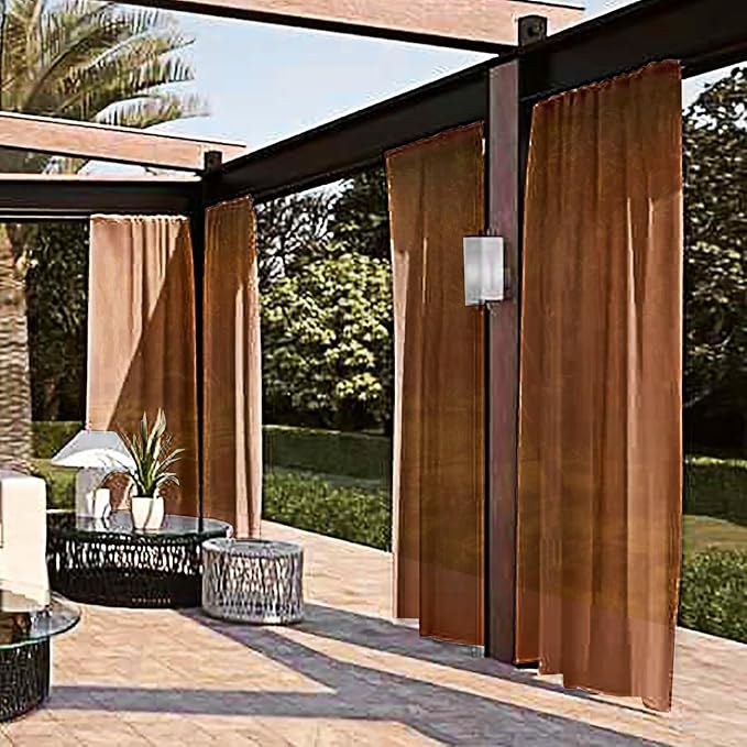 SpaceDresser Waterproof Outdoor Sheer Curtains for Patio - 2 Panels Rod Pocket Indoor Voile Sheer Curtain for Living Room,52W x 84L inch, Brown