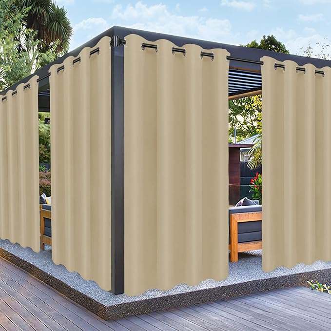 PureFit Outdoor Curtains for Patio Waterproof Weatherproof, UV Resistant Outside Curtains for Gazebo, Front Porch, Pergola, Sun Blocking Privacy Curtain, 52W x 108L inch, Set of 2, Beige