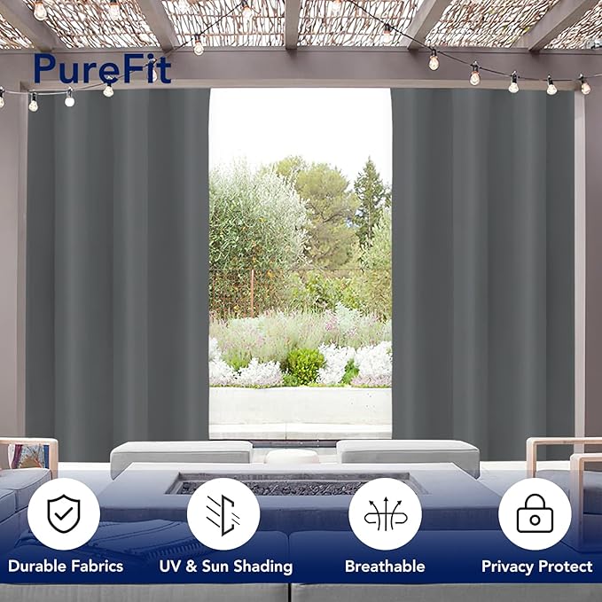 PureFit Outdoor Curtains for Patio Waterproof Weatherproof, UV Resistant Outside Curtains for Gazebo, Front Porch, Pergola, Sun Blocking Privacy Curtain, 52W x 95L inch, 1 Panel, Gray