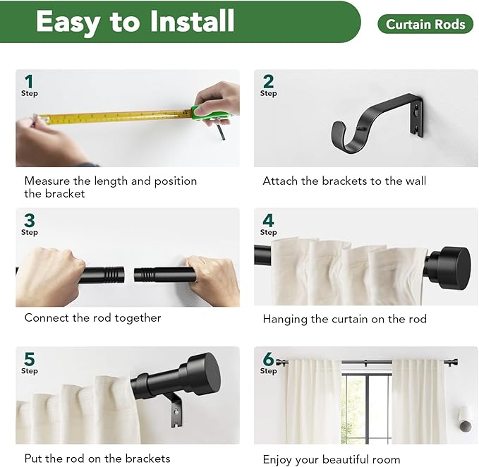 Time Forest Black Curtain Rods for Windows 32 to 120 Inch (2.6-10 Feet), 1 Inch Diameter Adjustable Heavy Duty Curtain Rod, Modern Style Indoor Outdoor Long Window Drapery Rods with End Caps