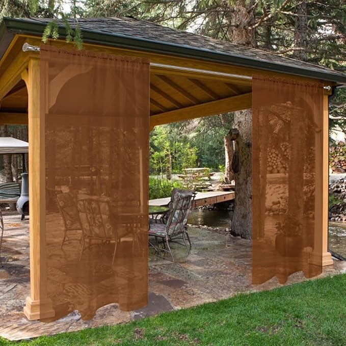 SpaceDresser Waterproof Outdoor Sheer Curtains for Patio - 4 Panels Rod Pocket Indoor Voile Sheer Curtain for Living Room,52W x 120L inch,Brown