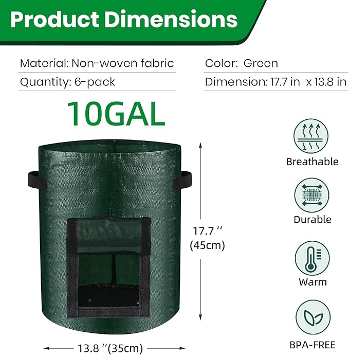 6 Pack Potato Grow Bags, 10 Gallon Planting Bags Durable PE Vegetable Planter with Flap and Handles Large Garden Pot Tall Potato Growing Containers for Vegetables, Fruits and More