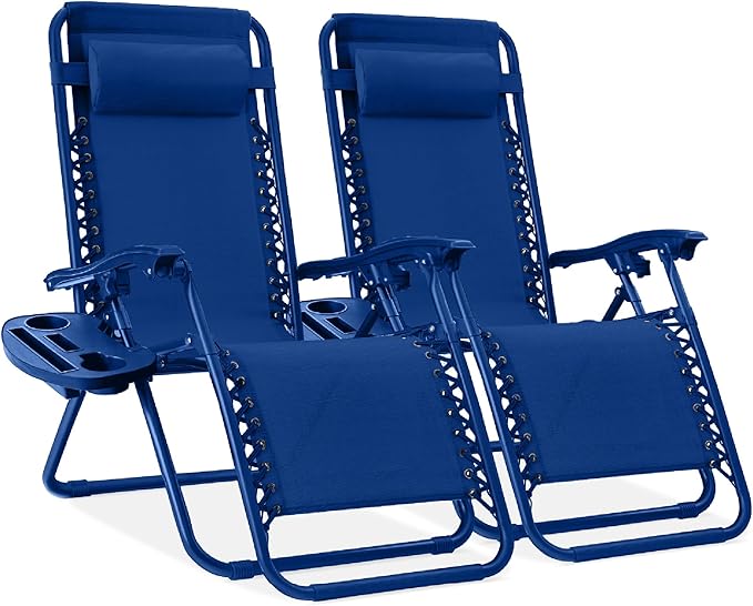 Best Choice Products Set of 2 Adjustable Steel Mesh Zero Gravity Lounge Chair Recliners w/Pillows and Cup Holder Trays - Marine