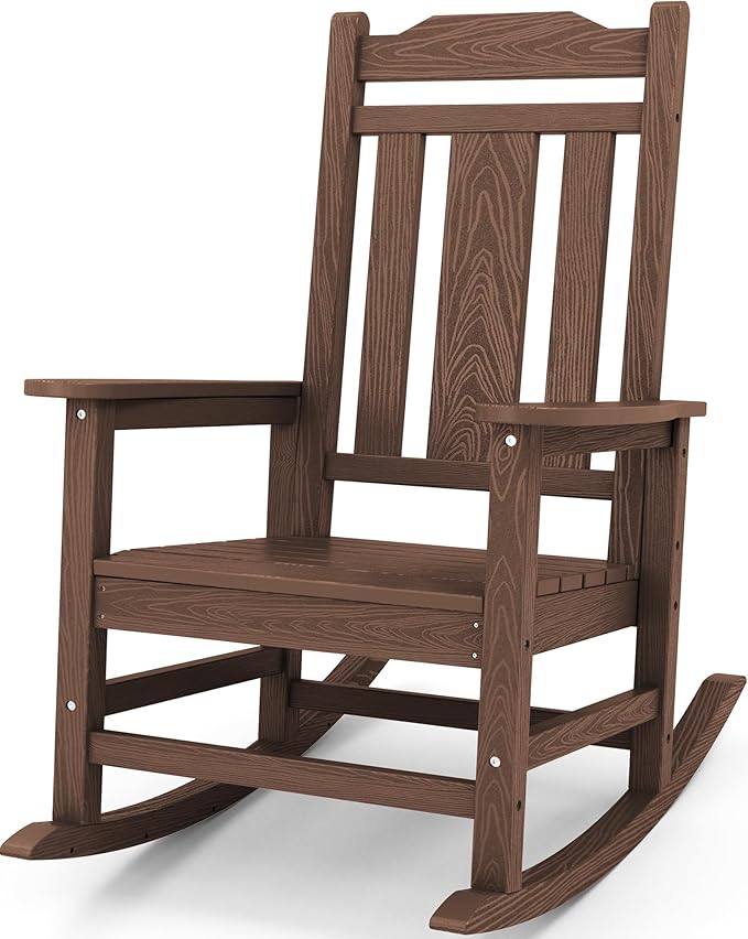 SERWALL Oversized Rocking Chair Outdoor, HDPE Outdoor Rocking Chair, Coffee