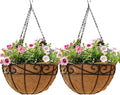 Outdoor Metal Hanging Planters Basket (2pack, 12 inch) Hanging Baskets for Plants Chain Round Wire Plant Holder with Coco Fiber Liners for Garden, Patio, Deck, Porch(Flower Border)