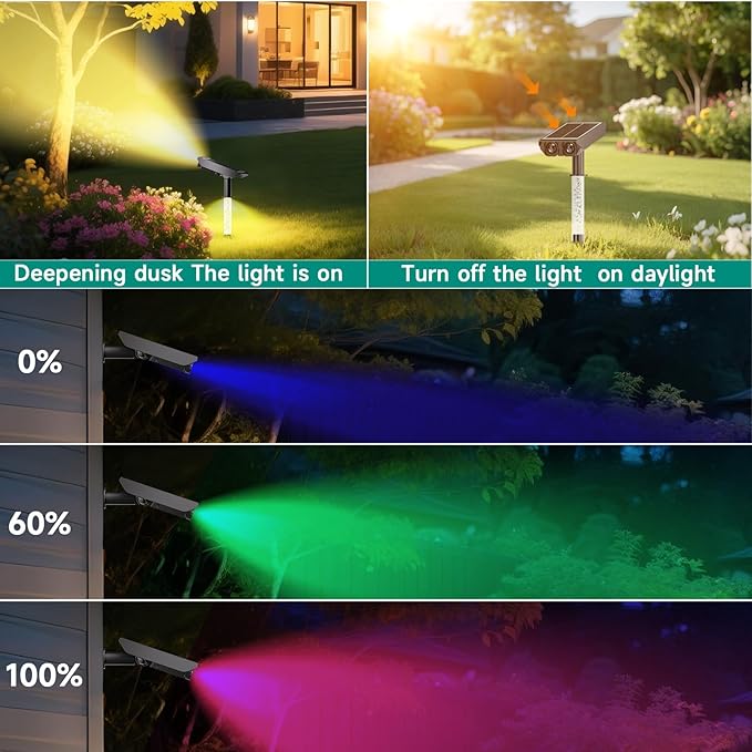 RGB Solar Spot Lights : 2 IN 1 Solar Lights Outdoor with 8 Lighting Modes & PC Light Guide Column for Tree Garden Yard Pathway | RGB Color Changing Landscape Lights | IP65 Waterproof | 4 Pack