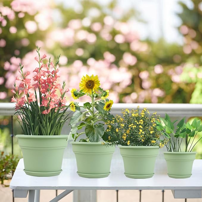 8 Inch Plastic-Flower Pot-for-Indoor Plants, 4 Pack Large Outdoor Planter Pot with Drainage Holes & Saucers, Resin Decorative Garden Pots Planters