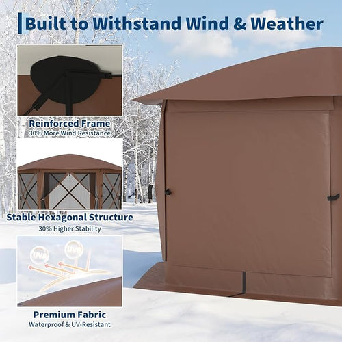 11.5x11.5FT 6-Sided Pop Up Gazebo Tent，One-Push Setup Canopy Tent with Mesh Panels & Removable Wind Cloths, Outdoor shelter for Camping, Backyard Parties, Outdoor Events - Beige & Khaki