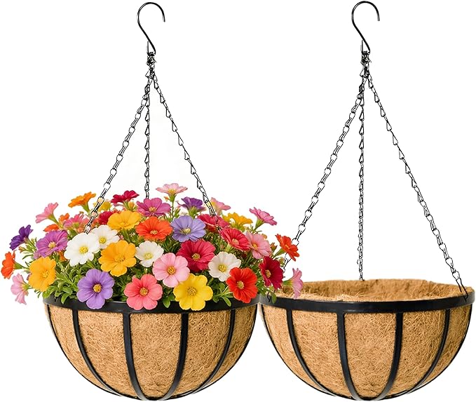 Black Flat Iron Metal Hanging Planter Basket with Coco Coir Liner(2 Pack, 16 Inch) Hanging Planters for Outdoor Plants Round Plant Flower Pots Hanging Flower Basket for Outdoor Patio Garden Decoration