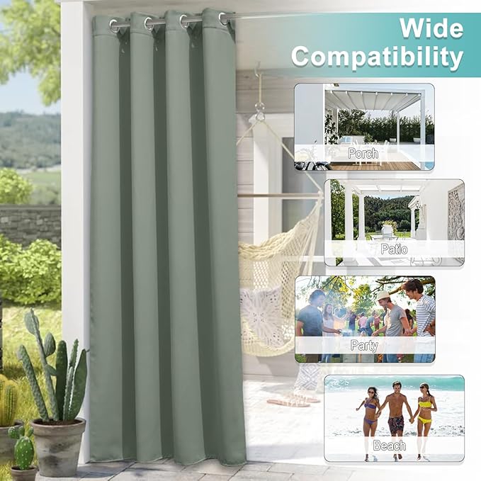 NICETOWN Outdoor Curtains for Patio W100 x L84 inch 2 Pieces, Sun Blocking Screen Shades 100% Privacy for Garage Window Patio Door Pergola Pool Hut, Weatherproof Blinds for All Season, Sage Green